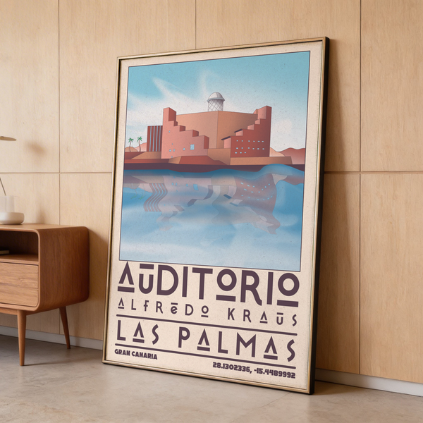 Art Las Palmas graphic print featuring blocky building and rippled reflection