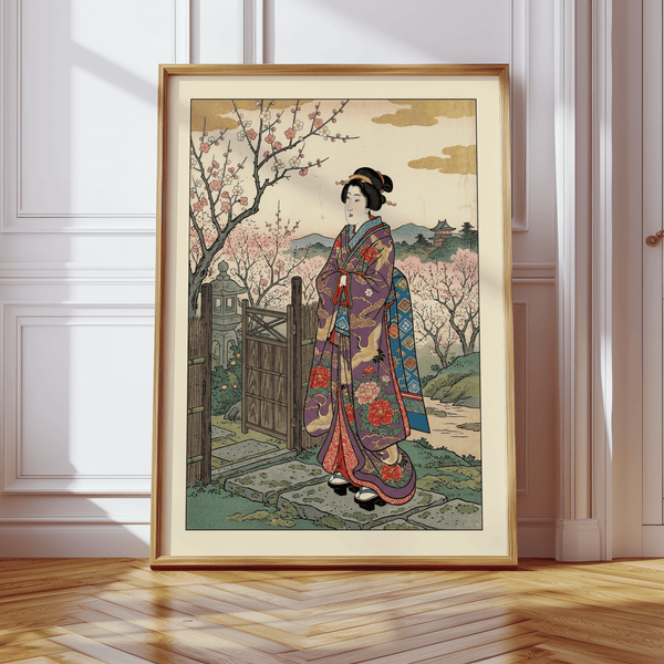 Decorative Floral Kimono Wall Art print with patterned robe, blossom trees, and temple in the background