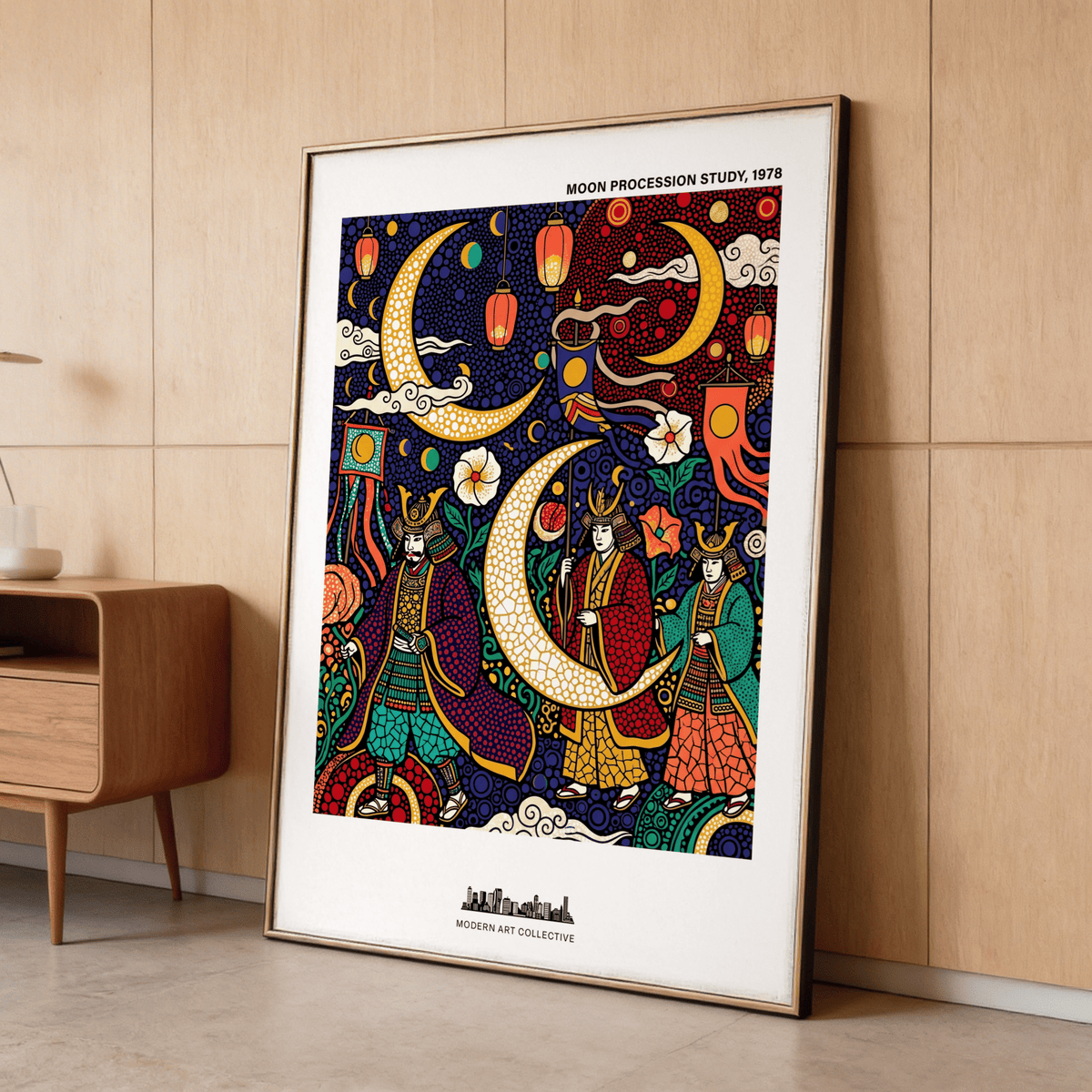 Graphic festival scene poster with banners, clouds, and dotted night sky
