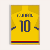 Maglia da calcio personalizzata - Gialla con polsini blu scuro — wooden-frame main image