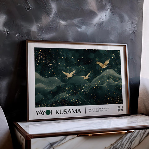 Kusama-inspired nature print with elegant cranes and tranquil waves.