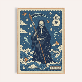 Shinigami Art Print poster with robed skeleton and scythe illustration