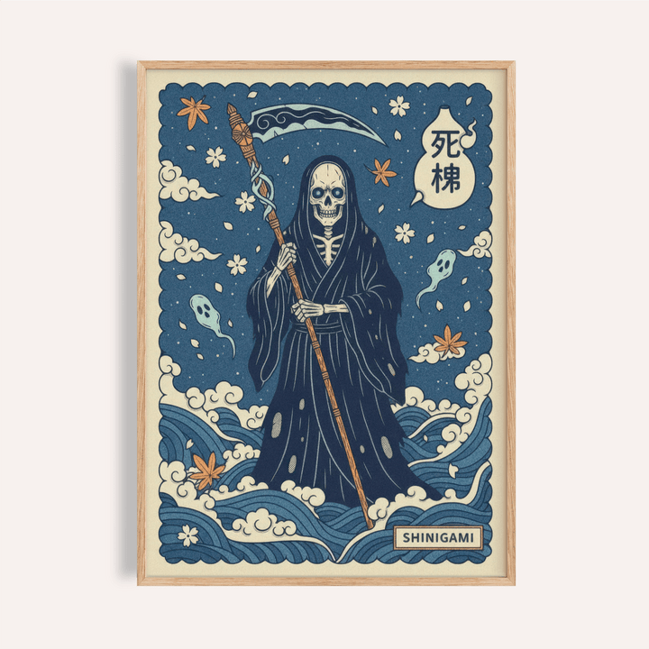 Shinigami Art Print poster with robed skeleton and scythe illustration