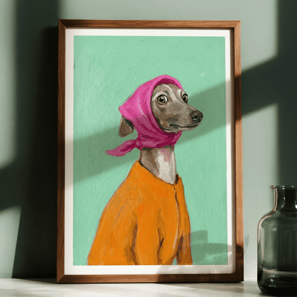 Artistic Greyhound Poster for office decor, with green and gray hues