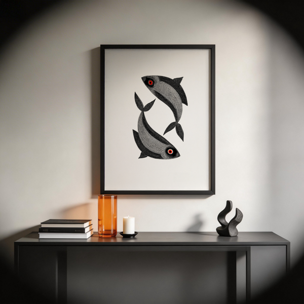Madhubani Fish Wall Art poster featuring symmetrical fish motif