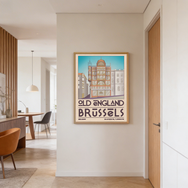 Sky and roofline section city poster print with negative space above ornate upper facade