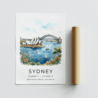 Modern cityscape print highlighting botanical shoreline and moored ferries