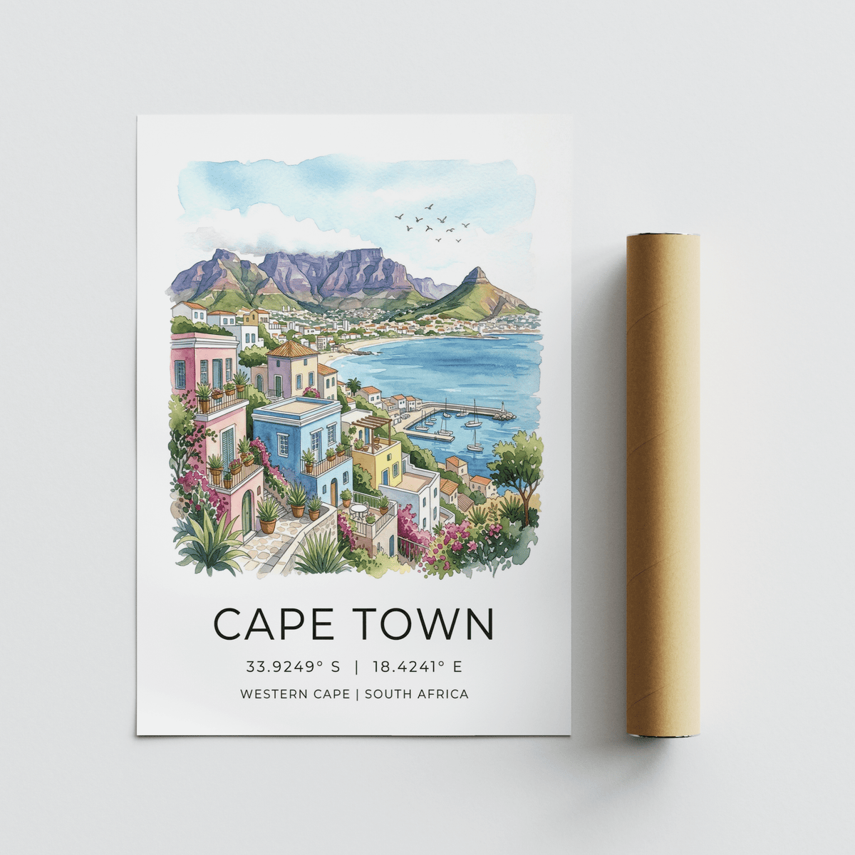 Harbor view wall art print showing anchored sailboats, shoreline curve, and clustered buildings