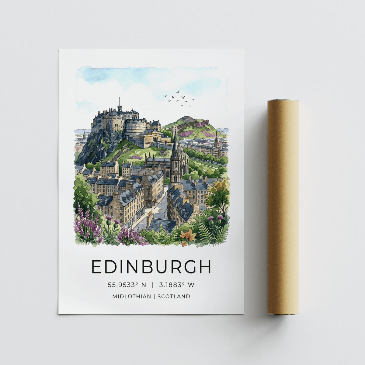 Travel map-style Edinburgh poster print with typography, coordinates, and skyline scene
