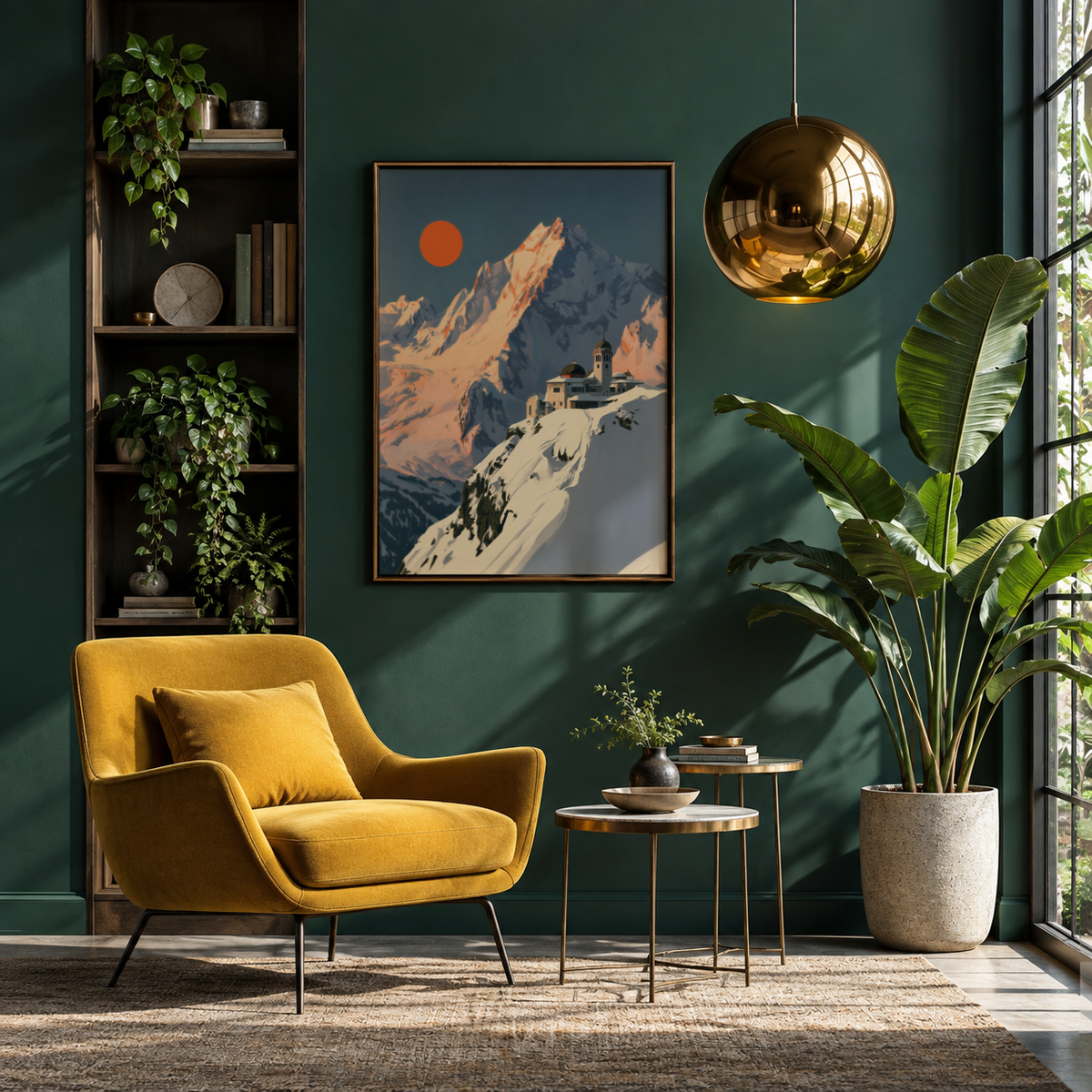 Highlighting a hillside building beneath a sharp mountain peak, mountain landscape wall art print