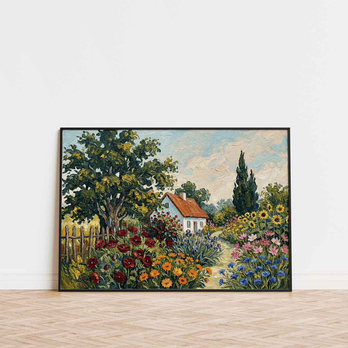 Colorful Cottage Garden Art Print, multicolored wall art for family room
