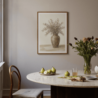 Olive Branch Decor poster, brown vase, neutral white living room art