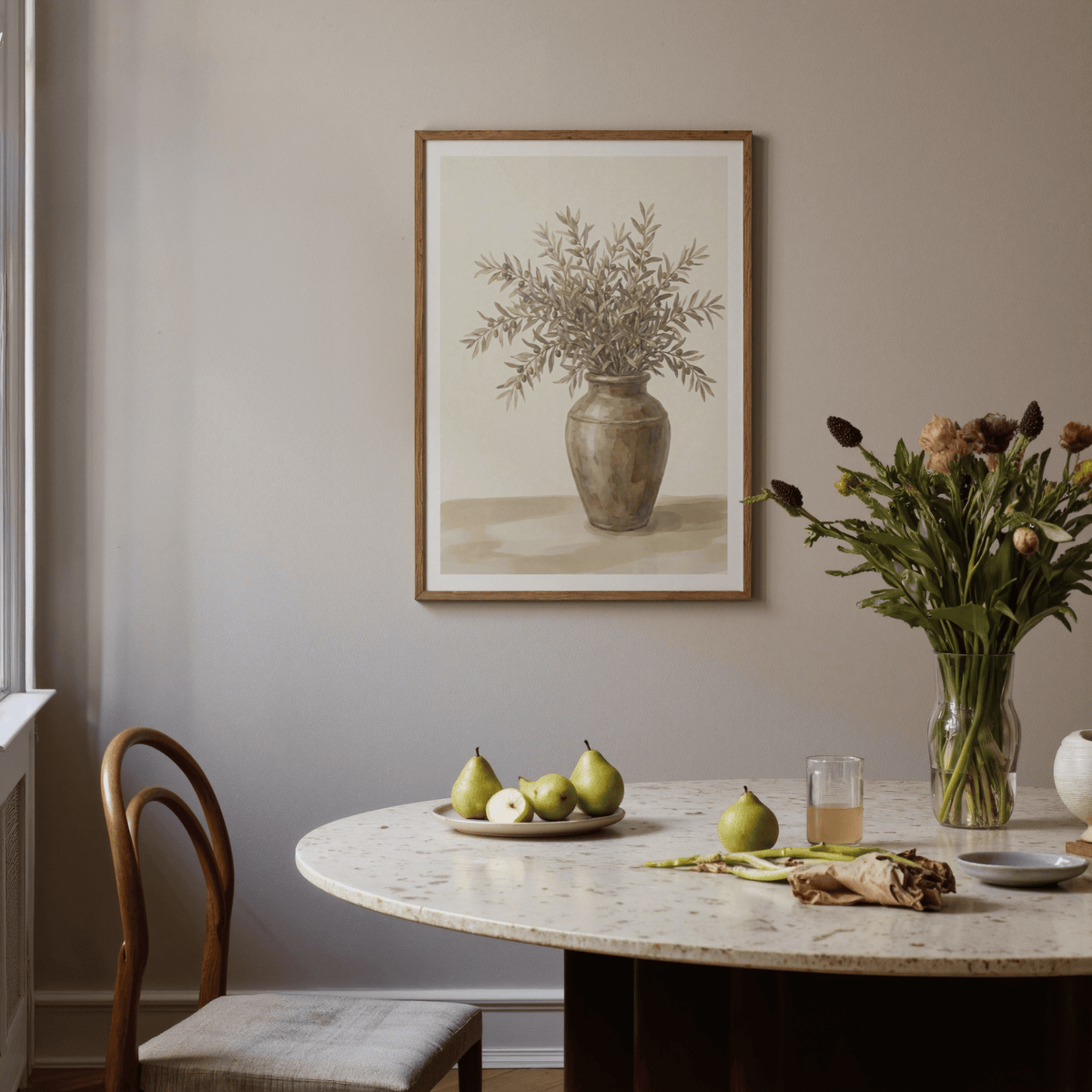 Olive Branch Decor poster, brown vase, neutral white living room art