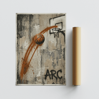 Urban graffiti basketball wall art print with ball, backboard outline, and drip effects on concrete