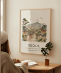 Travel-themed Seoul Landscape Art Print with birds in flight above the cityscape
