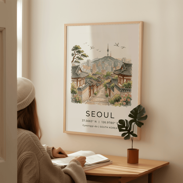 Travel-themed Seoul Landscape Art Print with birds in flight above the cityscape