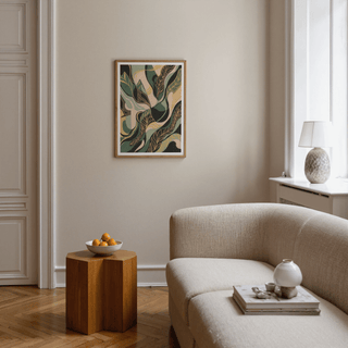 Botanical Abstract Leaf Art Print with beige and black for bedroom decor