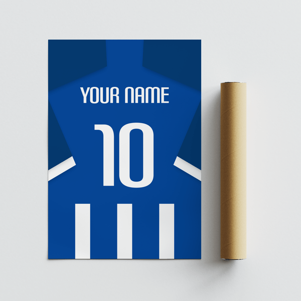 Displaying Brighton Football Shirt Poster wall art with shirt silhouette and vertical stripes