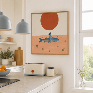 Surreal Fish Art Print showing a seated figure on an oversized fish in a sparse landscape