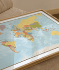 World Map Print showing Blue oceans and colorful continents for bedroom wall