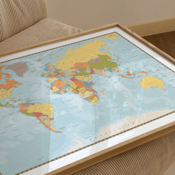 World Map Print showing Blue oceans and colorful continents for bedroom wall