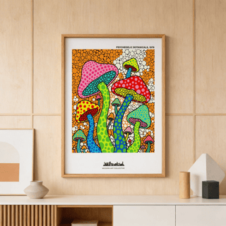 Graphic spotted mushrooms wall art print with thick black outlines