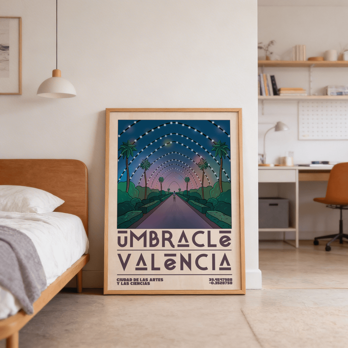Illustrated Spanish boulevard print with repeated light canopy and lone figure