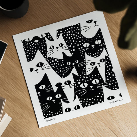 Black and white cat-themed artwork for living room decor.