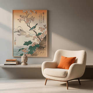 Japanese Cherry Blossom Art wall poster with pink flowers and blue highlights for entryway