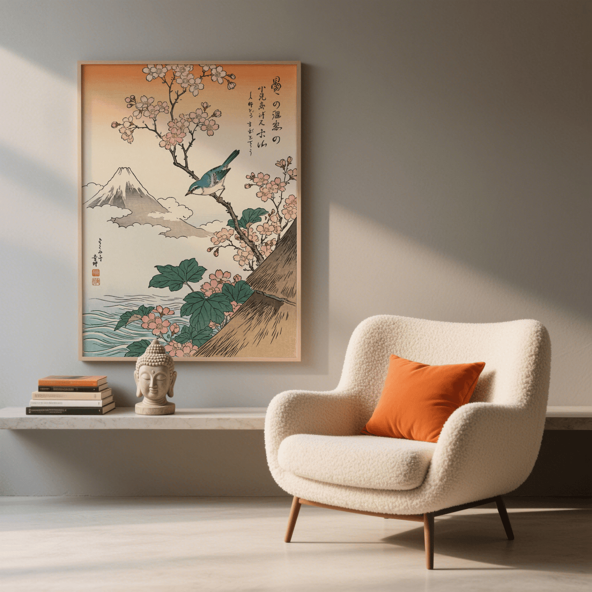 Japanese Cherry Blossom Art wall poster with pink flowers and blue highlights for entryway