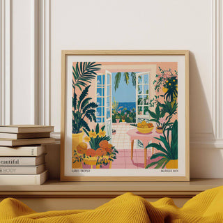 Sunlit ocean view coastal wall art for colorful living room interiors
