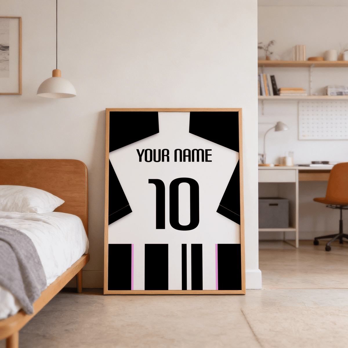 Wall mockup showing personalized shirt art featuring number 10 and stripe blocks