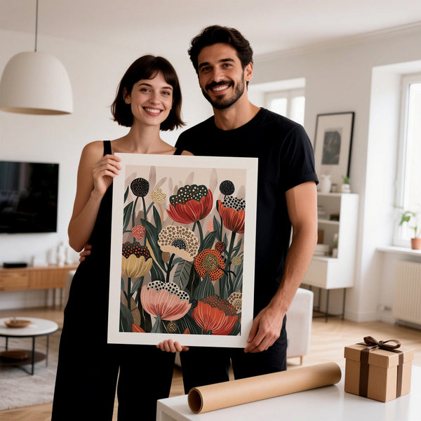 Artistic poppies rendered in stylized forms with Japanese visual elements