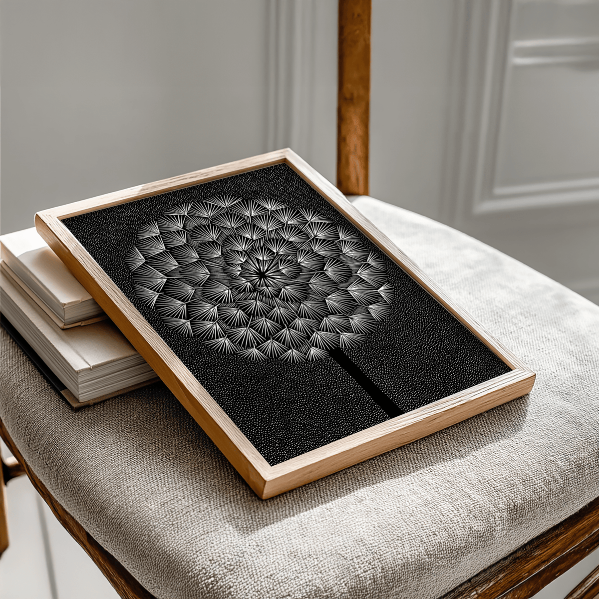 Abstract Dandelion Wall Print in Black and White for hallway walls
