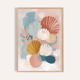 Abstract Botanical Print with blue and pink colors for living room poster wall art