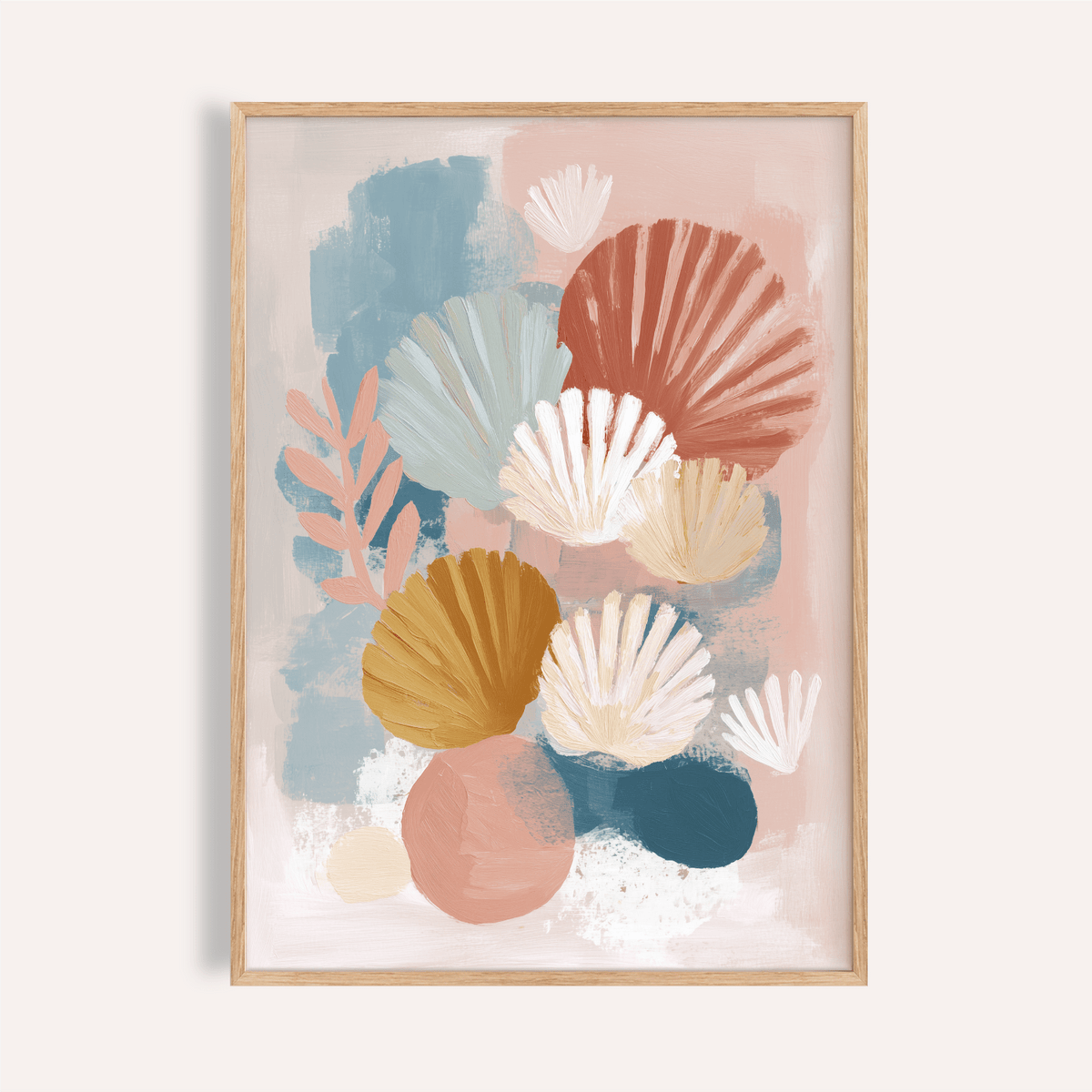 Abstract Botanical Print with blue and pink colors for living room poster wall art