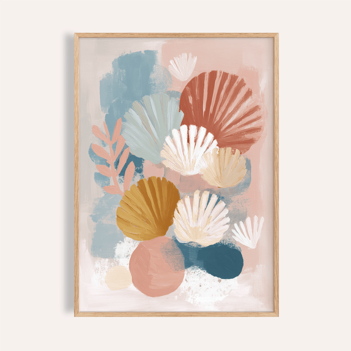 Abstract Botanical Print with blue and pink colors for living room poster wall art