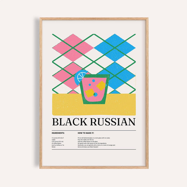 Geometric kitchen artwork showing Black Russian with pink and blue accents.