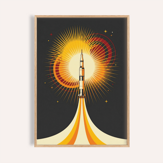 Rocket Launch Art Print with yellow and orange, for office wall art