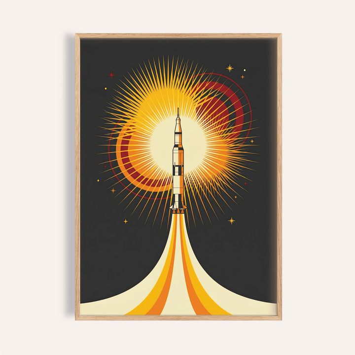 Rocket Launch Art Print with yellow and orange, for office wall art