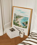 Framed room view of Cancun Beach Art Print above a sofa