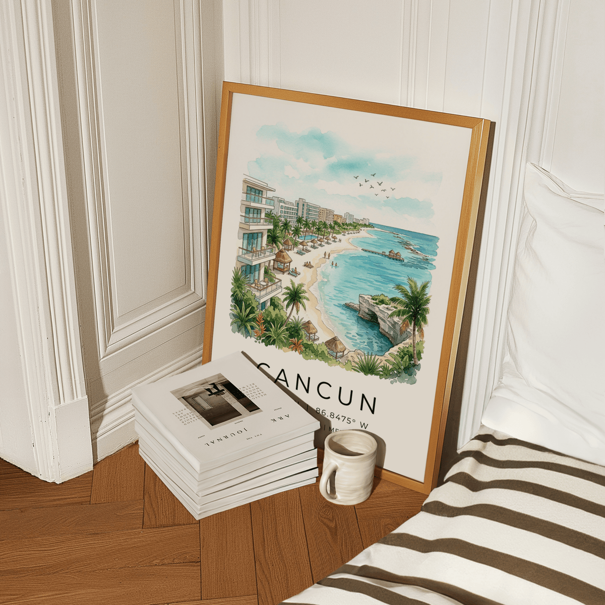 Framed room view of Cancun Beach Art Print above a sofa