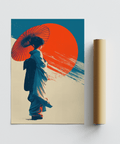 Blue kimono Japanese Geisha Pop Art poster for modern living room, accented by Red and Beige