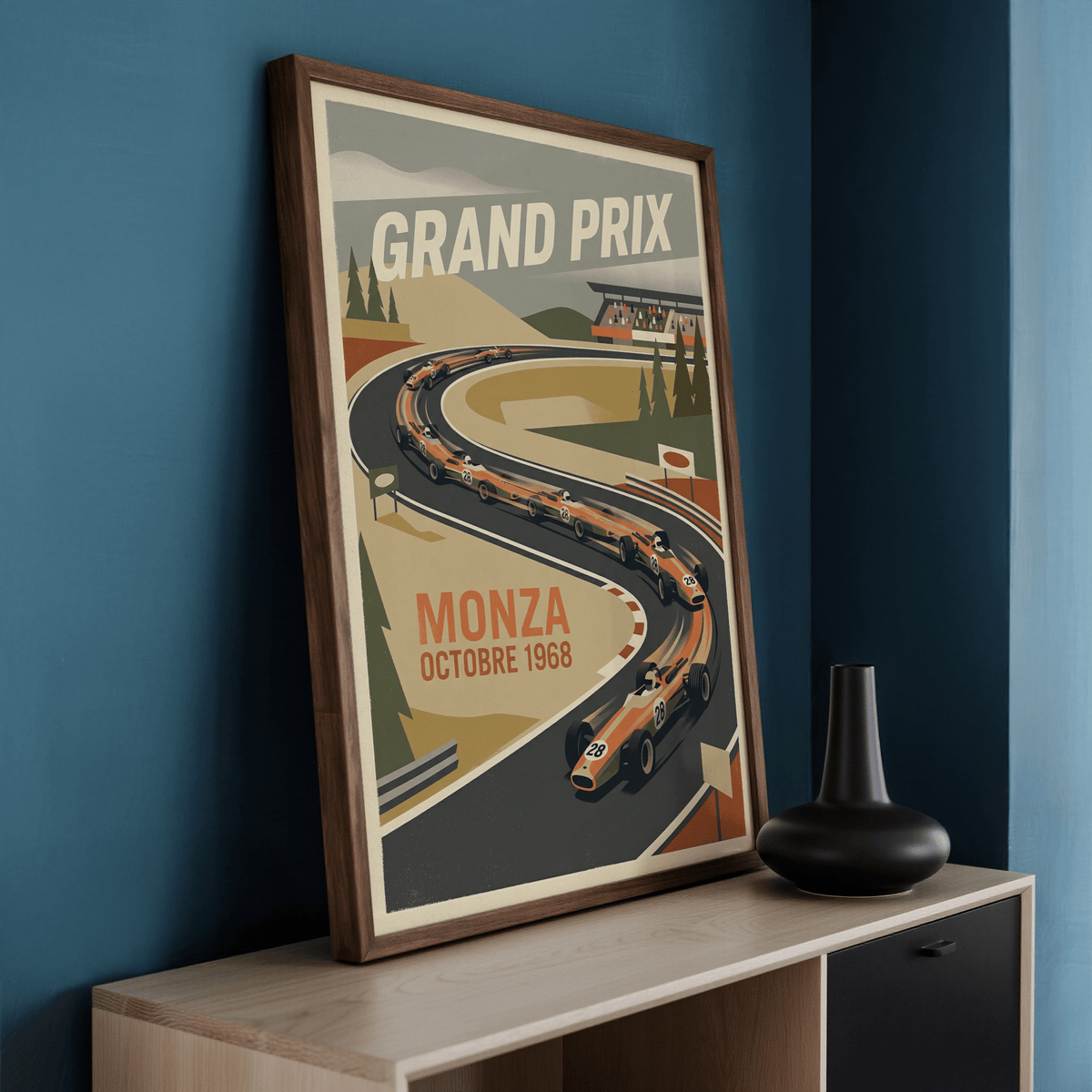 Graphic race track poster print with an S-curve composition and multiple cars in a line