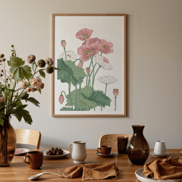 Soft botanical line drawing of poppy flowers and broad foliage