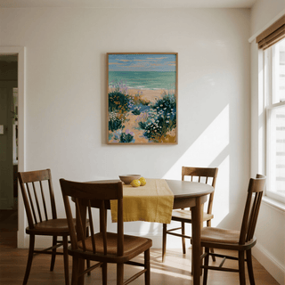 Coastal Flower Print in blue, purple, beige for beach-style decor