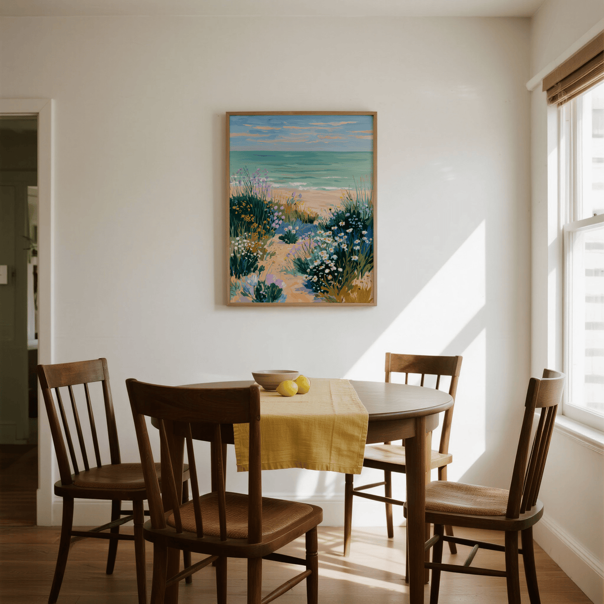 Coastal Flower Print in blue, purple, beige for beach-style decor