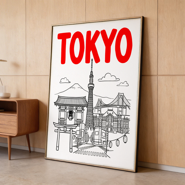 Tokyo City Wall Art design featuring bridge, lanterns, street scene