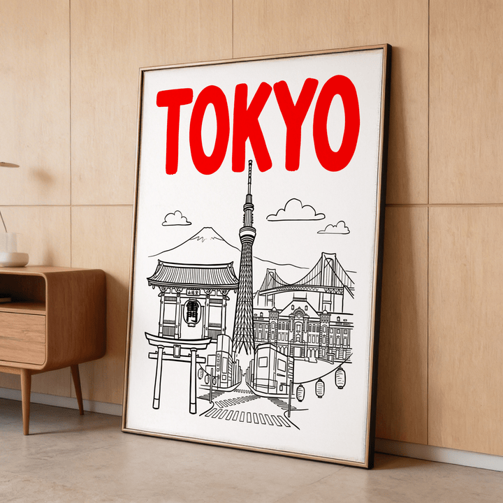 Print leaning of Tokyo City Wall Art showing landmark line-art with bold red typography beside a wooden cabinet