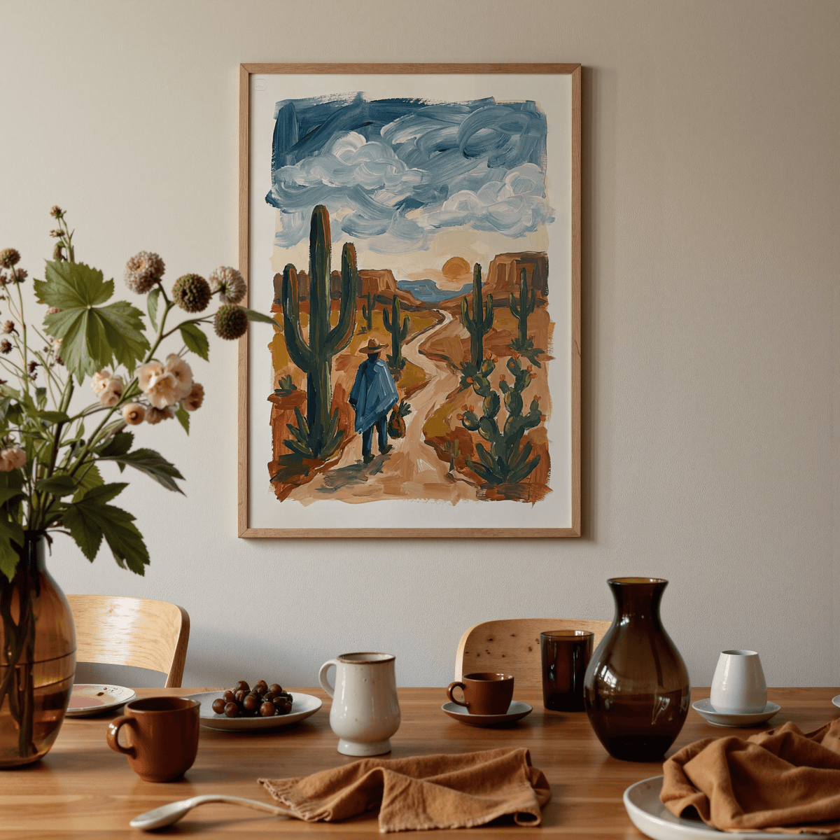 Sunset Cactus Poster Print for entryway with green, orange, and blue tones